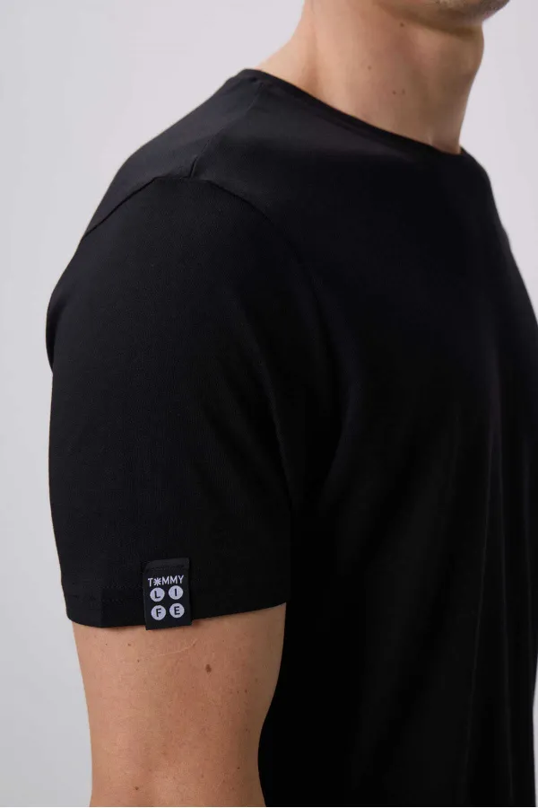Tommylife Toptan O Yaka Standart Kalıp Basic Erkek T-Shirt 87911 Siyah