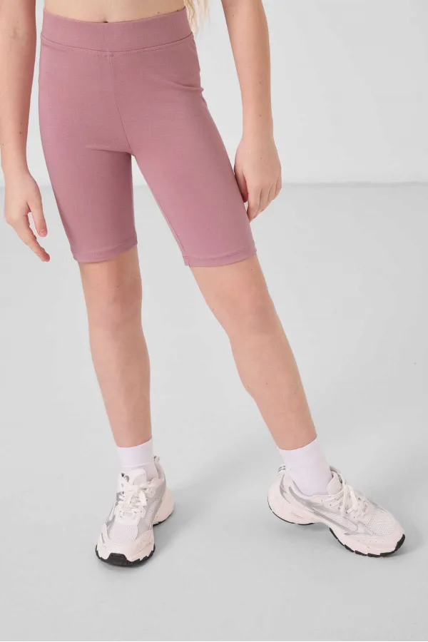 Tommylife Toptan Pamuklu Kısa Paça Standart Fit Basic Kız Çocuk Tayt 75188 Gül Kurusu