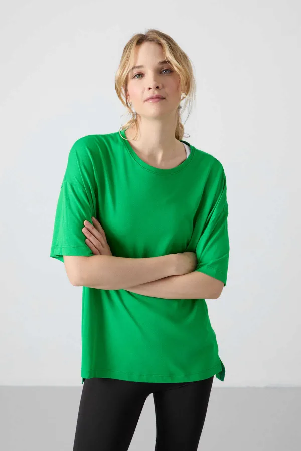 Tommylife Toptan O Yaka Oversize Basic Kadın T-Shirt 97285 Yeşil