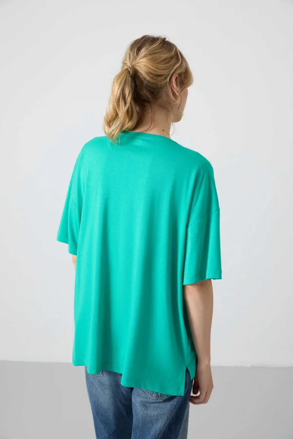 Tommylife Toptan O Yaka Oversize Basic Kadın T-Shirt 97285 Deniz Yeşili