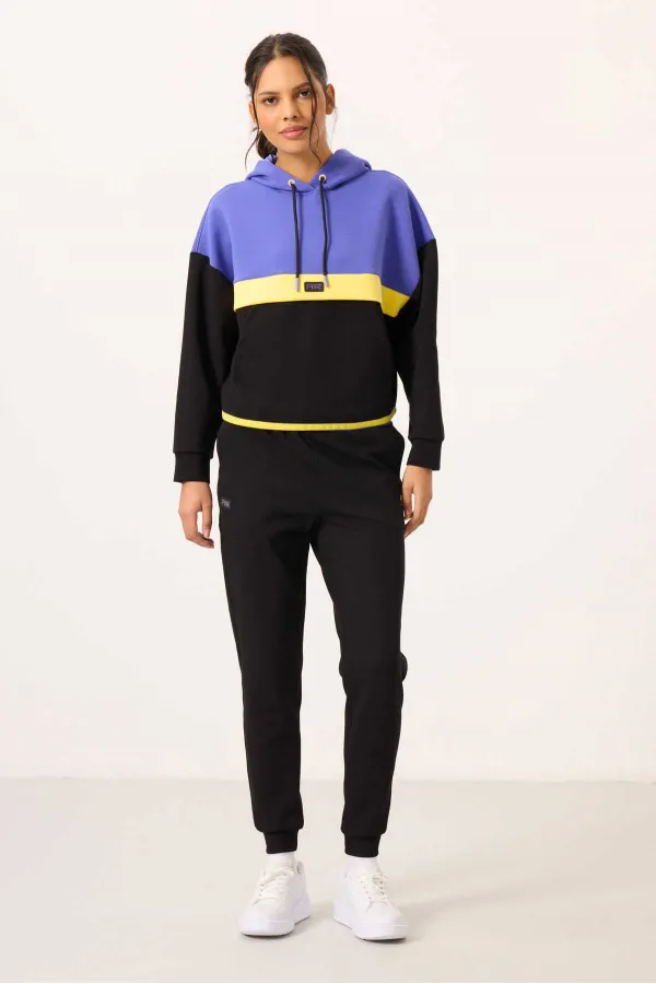 Ensemble de survêtement Tommylife Wholesale noir à capuche et blocs de couleur pour femme - 95327