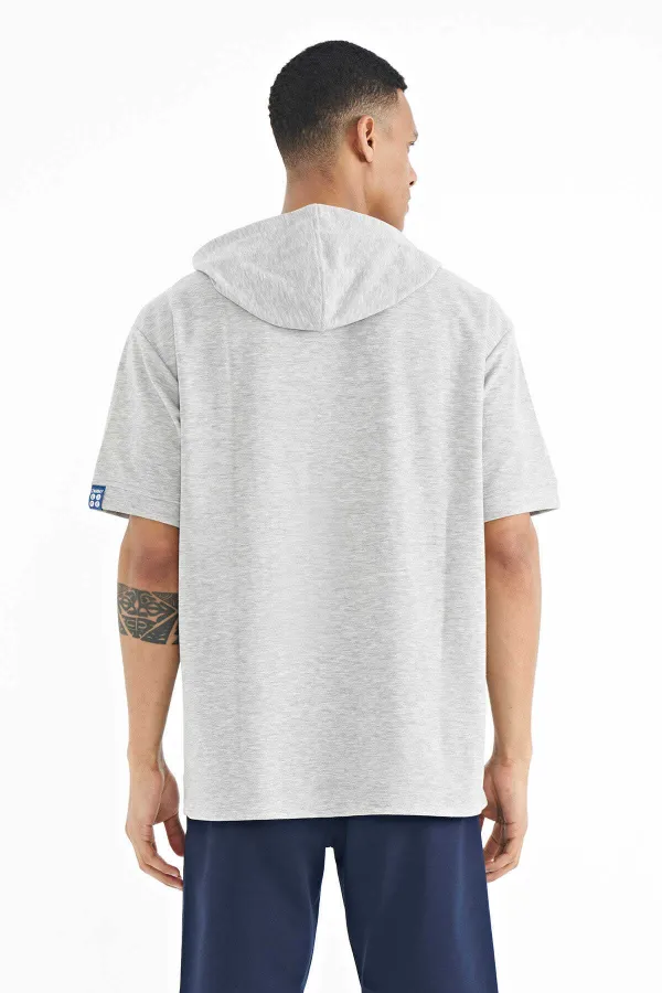 Tommylife Toptan Gri Melanj Kapüşonlu Kol Etiket Detaylı Oversize Erkek T-Shirt - 88179