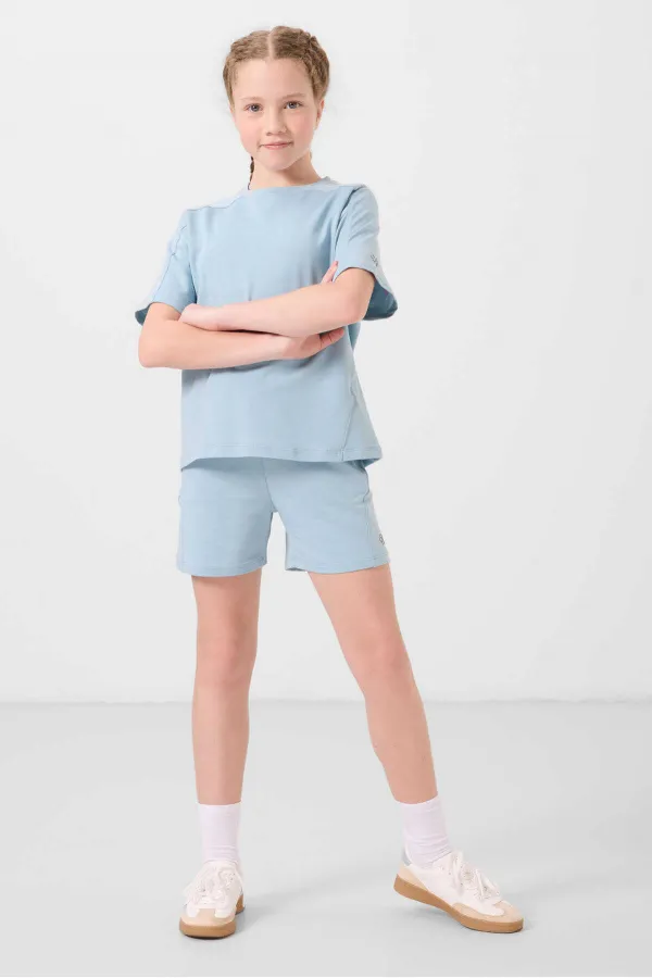 Ensemble short basique pour fille Tommylife, en coton doux texturé, coupe standard, bleu clair, référence 75184