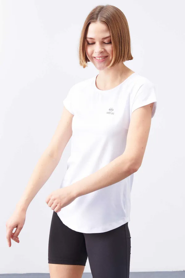 T-shirt femme Tommylife Wholesale blanc à manches courtes et col rond, coupe standard - 97101