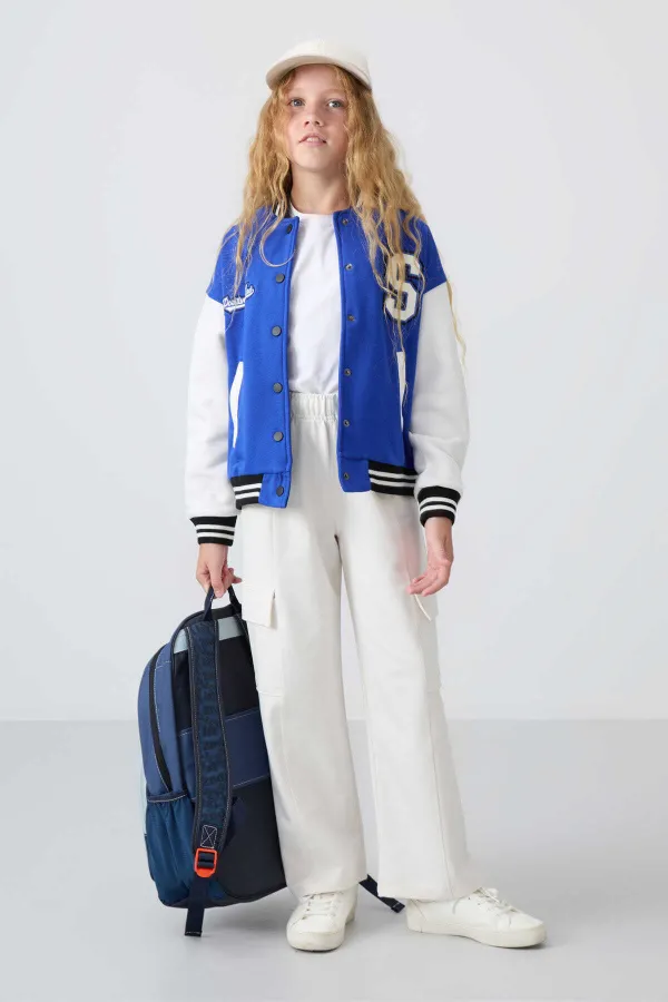 Tommylife Toptan 7-15 Yaş Kolej Yaka Standart Kalıp Kız Çocuk Ceket 75163 Gece Mavi