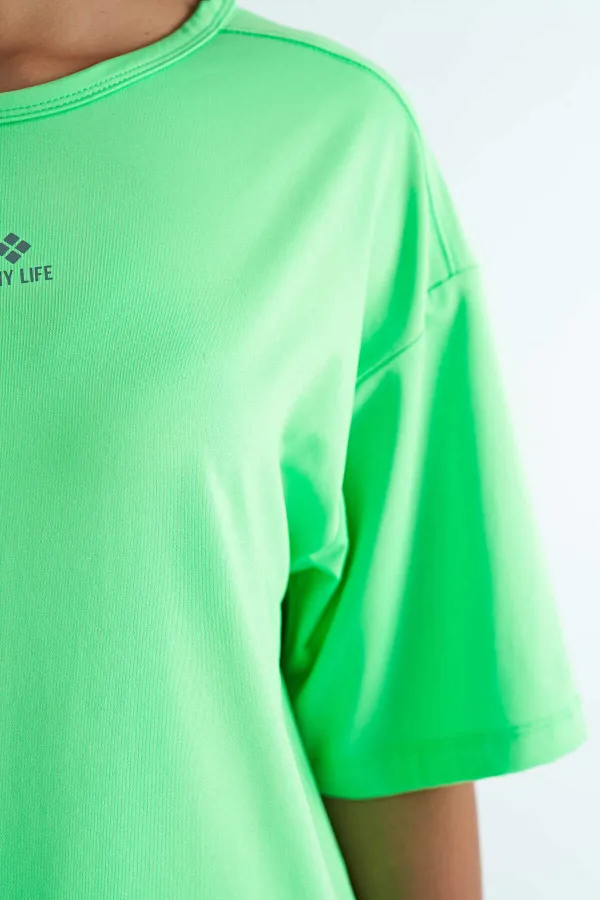 Tommylife Wholesale Neon Green Crew Neck Print Detail Oversize Short Sleeve Women's T-Shirt - 97263