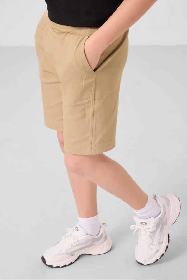 Tommylife Toptan Pamuklu Oversize Fit Dokuma Hafif Esnek Chino Erkek Çocuk Şort Takım 11279 Siyah-Koyu Bej