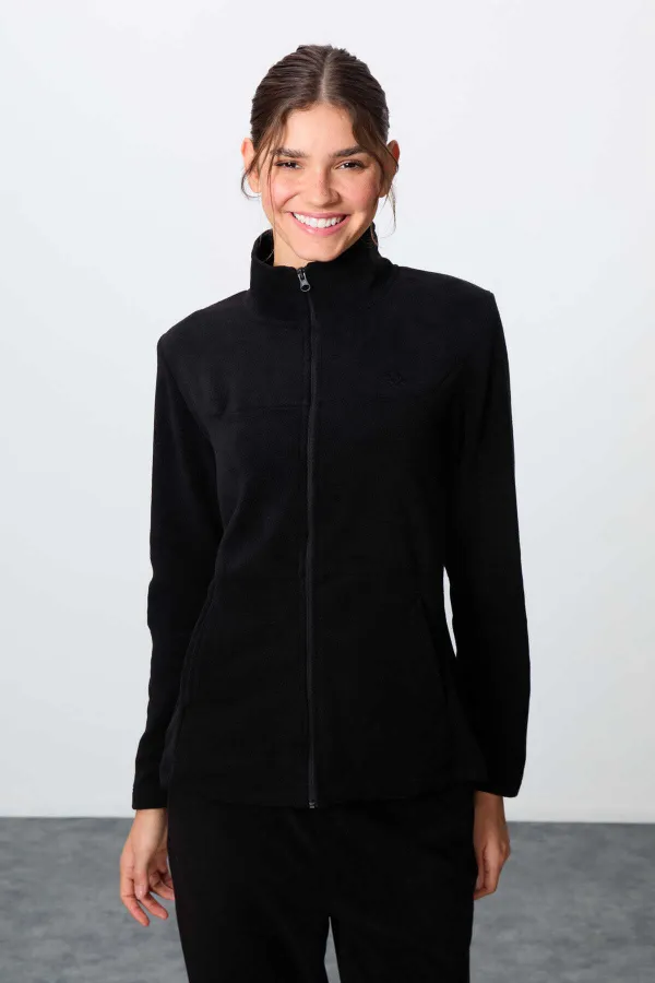 Ensemble de survêtement en polaire Tommylife Wholesale pour femme, coupe classique, col montant, taille oversize, noir, référence 95339