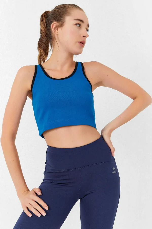 Tommylife Toptan Turkuaz Basic Sıfır Kol Dar Kalıp U Yaka Kadın Crop Top Atlet - 97162