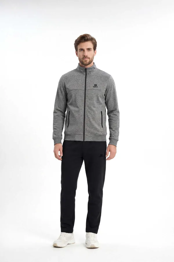 Ensemble de survêtement Tommylife Wholesale Anthracite Melange - Noir Col Montant Jambes Classiques Grandes Tailles Homme - 85176