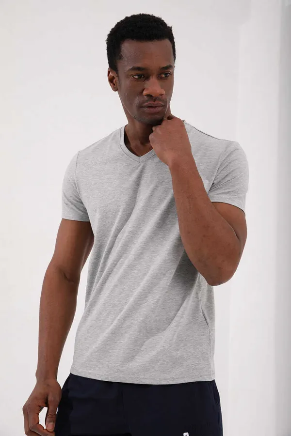 Tommylife Toptan V Yaka Standart Kalıp Basic Erkek T-Shirt 87912 Gri Melanj