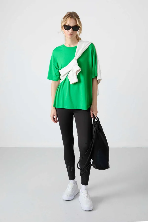 Tommylife Toptan O Yaka Oversize Basic Kadın T-Shirt 97285 Yeşil