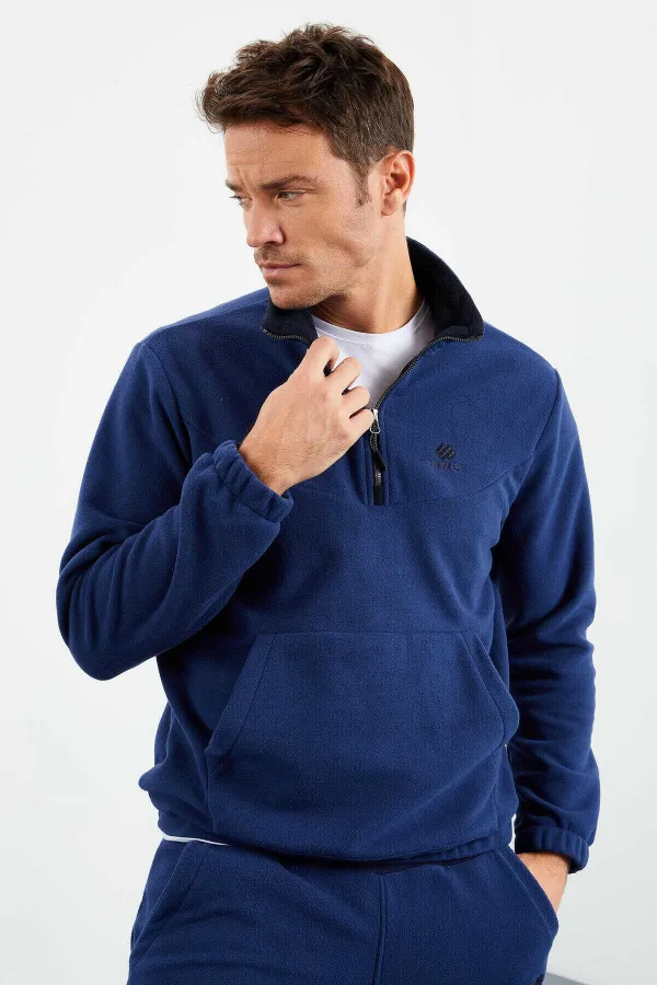Tommylife Toptan Standart Kalıp Yarım Fermuar Polar Erkek Eşofman Takımı 85159 İndigo