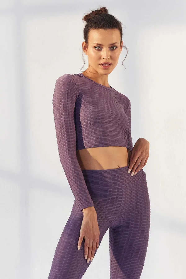 Tommylife Toptan Eflatun Kendinden Desenli O Yaka Uzun Kol Kadın Crop Top T-Shirt - 97153