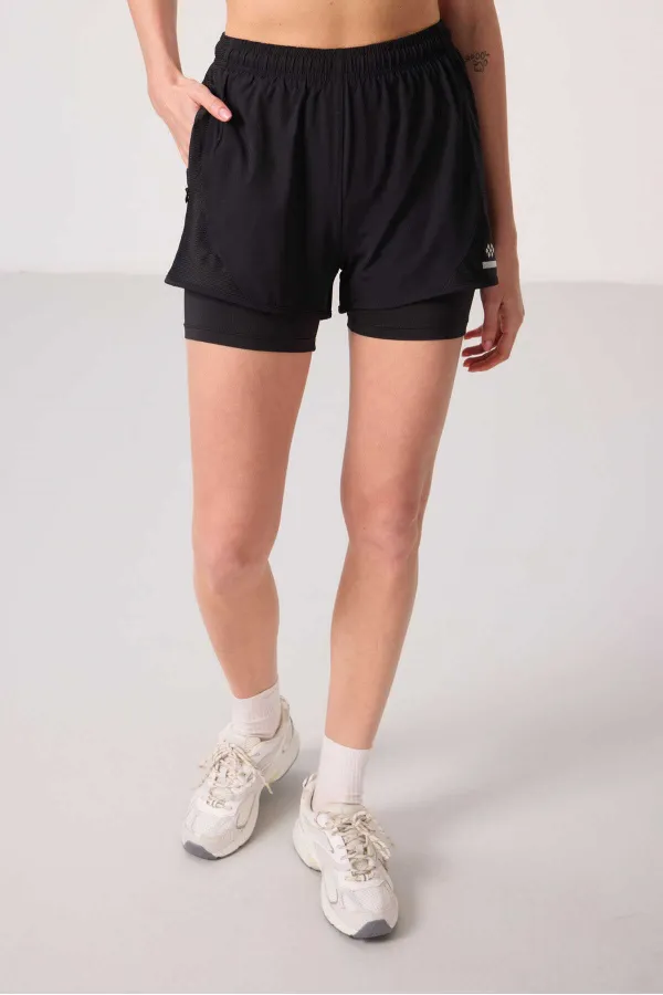 Short Tommylife en polyester, coupe standard, poche cachée, fermeture éclair, legging intégré - 91015 Noir