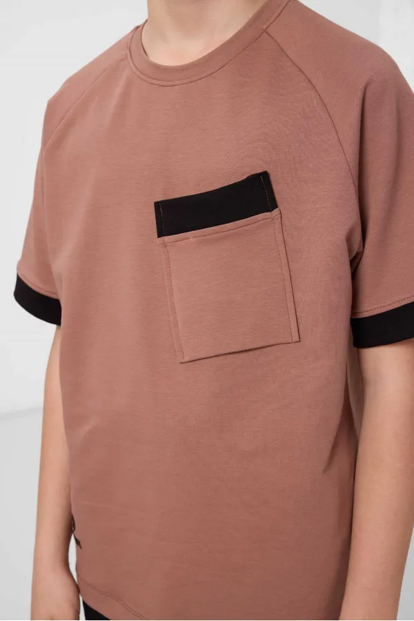 T-shirt garçon Tommylife en coton doux texturé, coupe oversize, avec poche, référence 11295, couleur cannelle