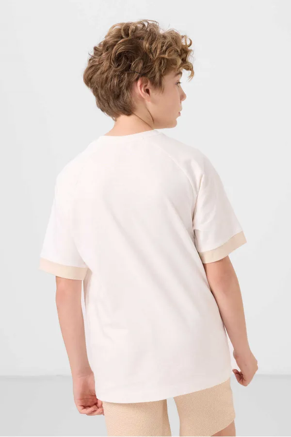 Tommylife Toptan Pamuklu Yumuşak Dokulu Oversize Cep Detaylı Erkek Çocuk T-Shirt 11295 Ekru