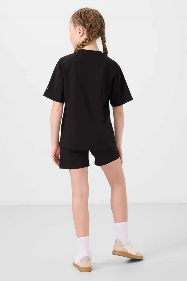 Tommylife Toptan Pamuklu Yumuşak Dokulu Standart Fit Basic Kız Çocuk Şort Takım 75184 Siyah