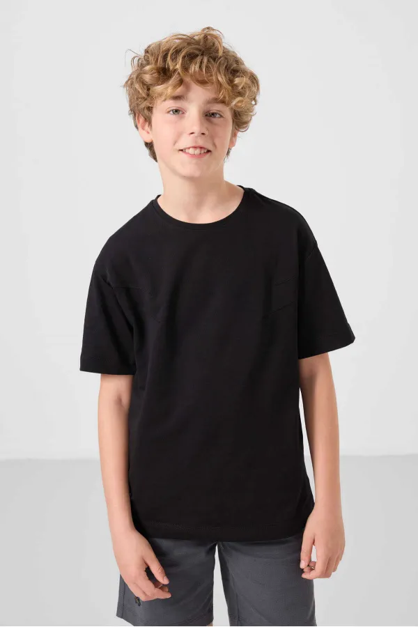 Ensemble short chino garçon Tommylife en coton tissé léger et extensible, coupe oversize, noir et gris, référence 11277