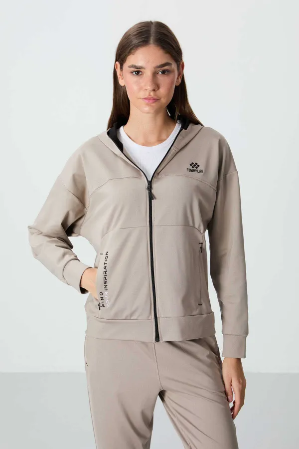 Tommylife Toptan Standart Kalıp Kapüşonlu Kadın Eşofman Takımı 95306 Koyu Bej