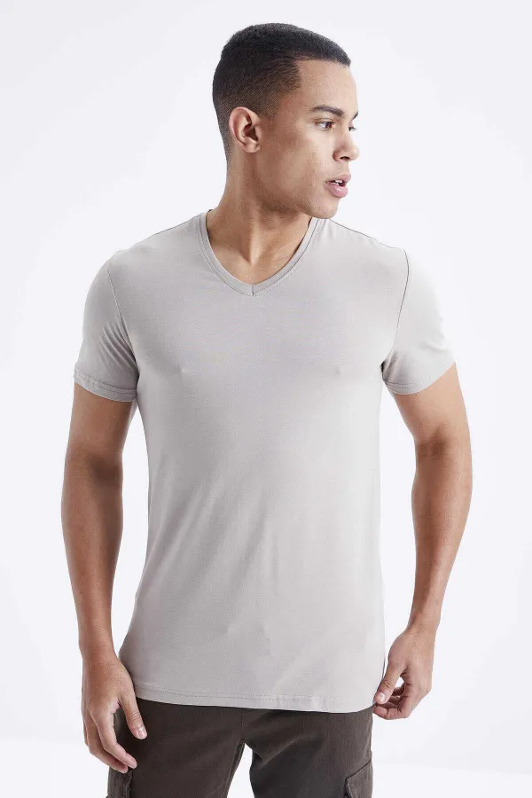 Tommylife Toptan V Yaka Standart Kalıp Basic Erkek T-Shirt 87912 Koyu Bej