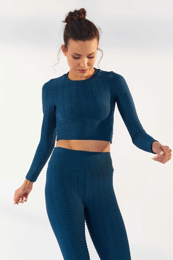 Tommylife Toptan Zümrüt Kendinden Desenli O Yaka Uzun Kol Kadın Crop Top T-Shirt - 97153