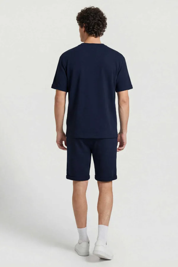 Tommylife Toptan Lacivert Oversize Fit Yumuşak Dokulu Basic Erkek Şort Takım - 85274