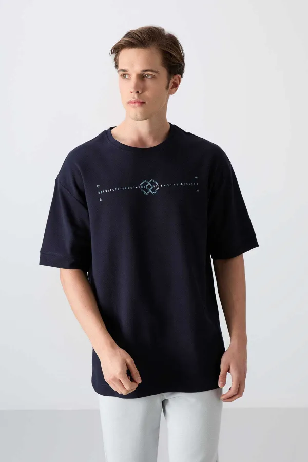 Tommylife Toptan O Yaka Oversize Baskılı Erkek T-Shirt 88323 Lacivert