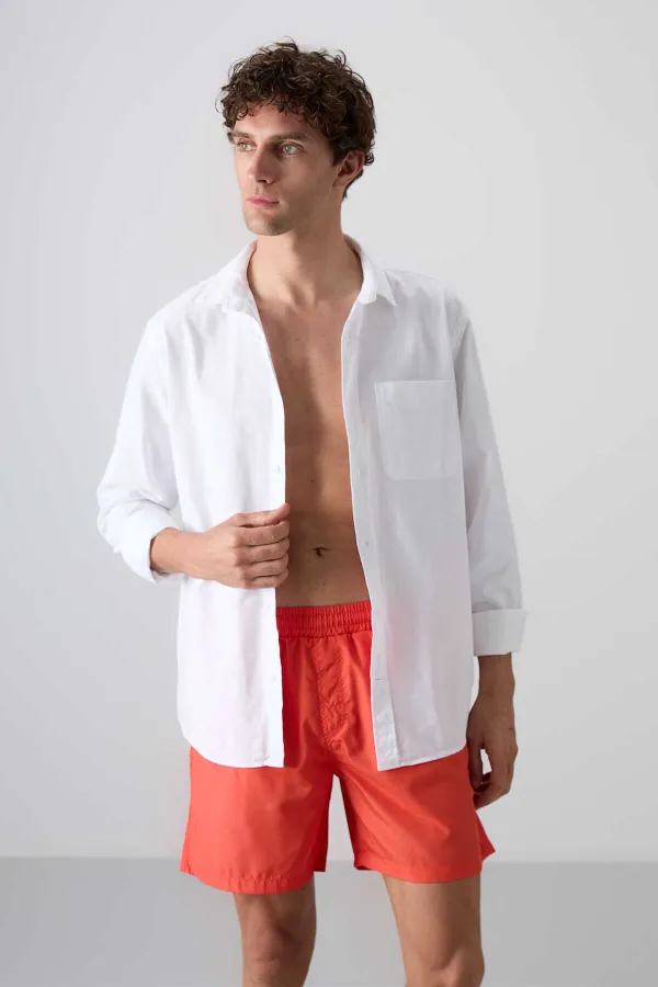 Tommylife Toptan Oranj Belden Lastikli Standart Kalıp Erkek Deniz Şortu - 81237