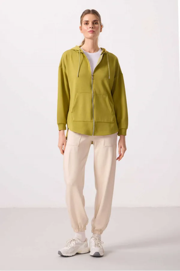 Tommylife Toptan Yumuşak Dokulu Kapüşonlu Oversize Kadın Tunik Sweatshirt - 97302 Koyu Hardal