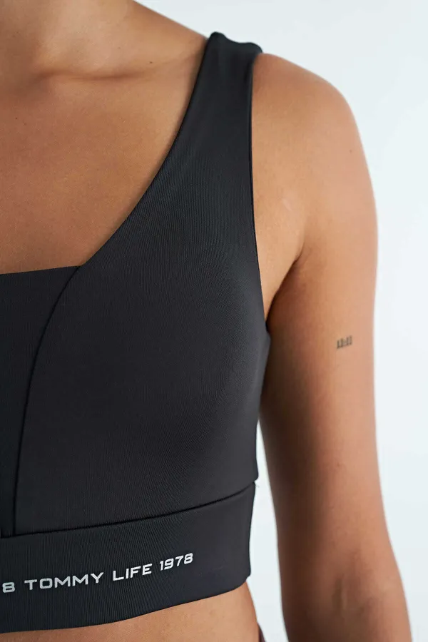Bustier Tommylife pour femme, imprimé texte noir, color block, coupe slim, tissu scuba - 97271