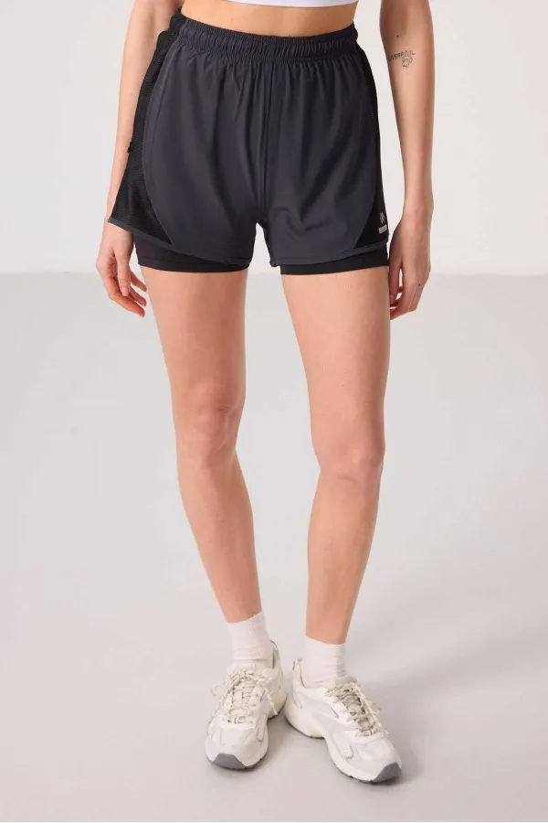 Tommylife Toptan Polyester Gizli Cep Fermuarlı Standart Kalıp Kadın İçi Taytlı Şort - 91015 Antrasit