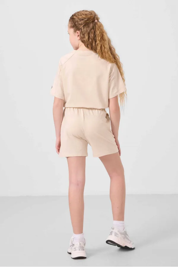 Tommylife Toptan Pamuklu Yumuşak Dokulu Standart Fit Basic Kız Çocuk Şort Takım 75184 Bej