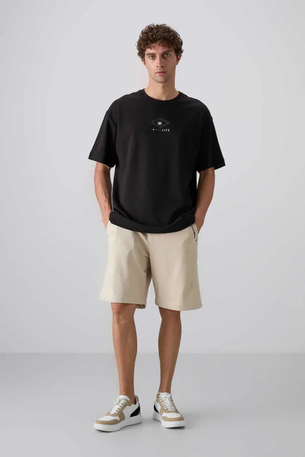 Tommylife Toptan O Yaka Oversize Baskılı Erkek T-Shirt 88325 Siyah