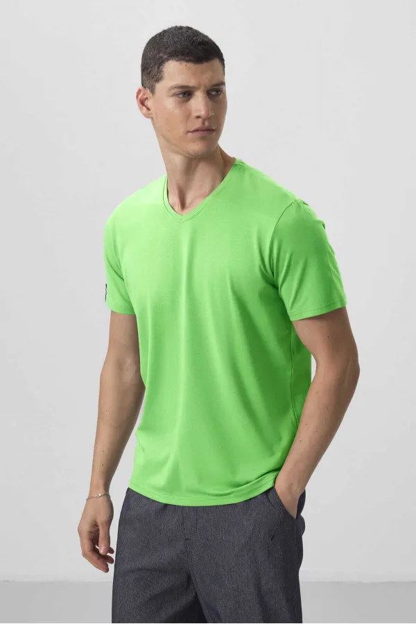 T-shirt basique Tommylife pour homme, col en V, coupe standard, vert fluo, référence 87912.