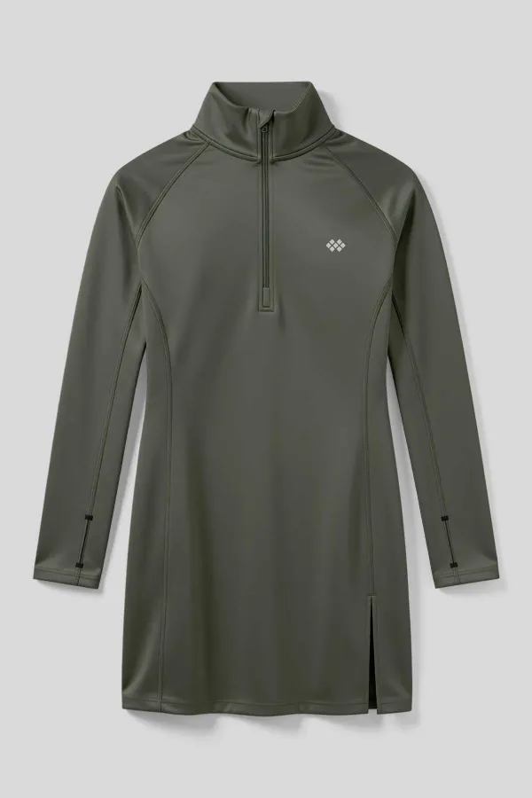 Tommlife Toptan Haki Yarım Fermuarlı Dik Yaka Standart Fit Kadın Sporcu Tunik  - 97309