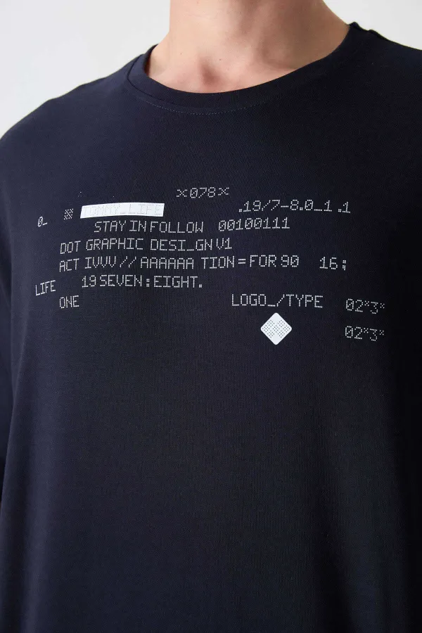 Tommylife Wholesale Crew Neck Oversize Printed Men's T-Shirt 88326 Navy Blue