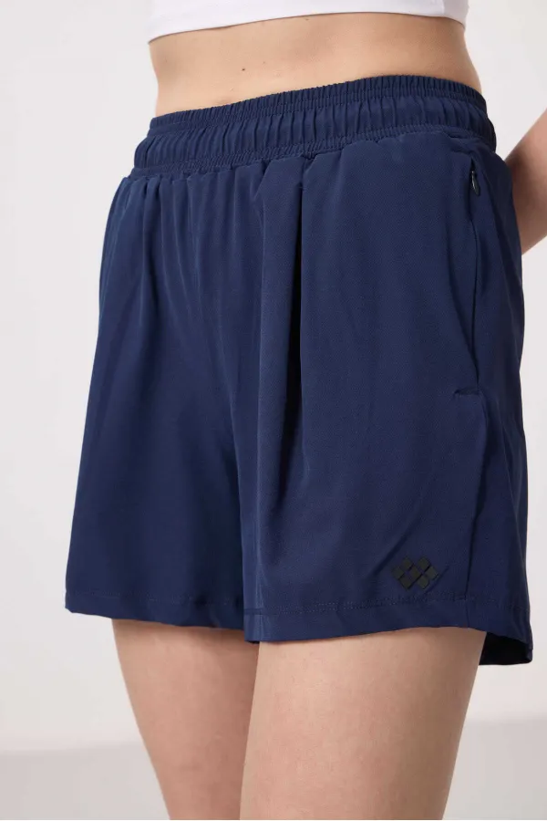 Tommylife Toptan Polyester Gizli Cep Fermuarlı Rahat Form Kadın Şort - 91014 İndigo