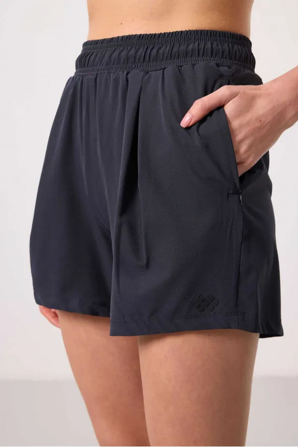 Tommylife Toptan Polyester Gizli Cep Fermuarlı Rahat Form Kadın Şort - 91014 Antrasit