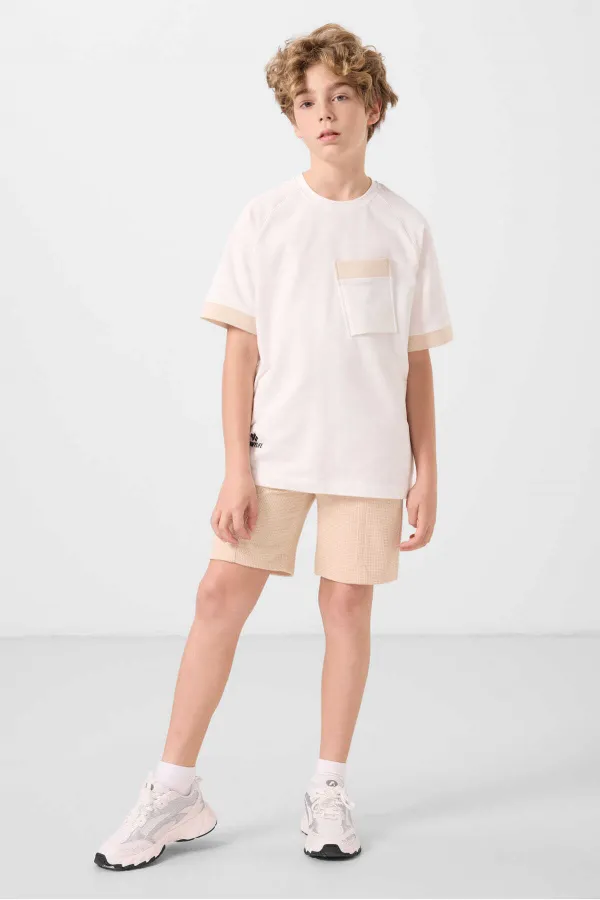 Tommylife Toptan Pamuklu Yumuşak Dokulu Oversize Cep Detaylı Erkek Çocuk T-Shirt 11295 Ekru
