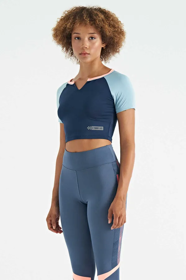 Tommylife Wholesale Indigo Color Block Logo Print Crew Neck Slim Fit Women's Crop T-Shirt - 97270
