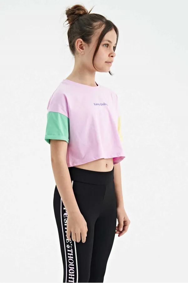 Tommylife Toptan Pembe Yazı Baskılı O Yaka Düşük Omuzlu Oversize Kız Çocuk T-Shirt - 75130