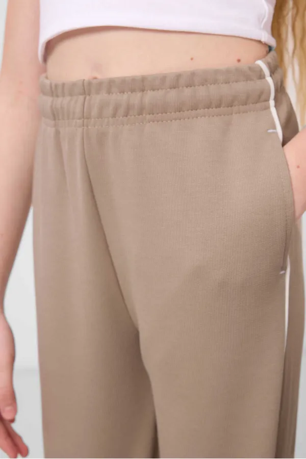 Tommylife Wholesale Crew Neck Printed Elasticated Hem Standard Fit Girls' Tracksuit Set 75186 Ecru Dark Beige