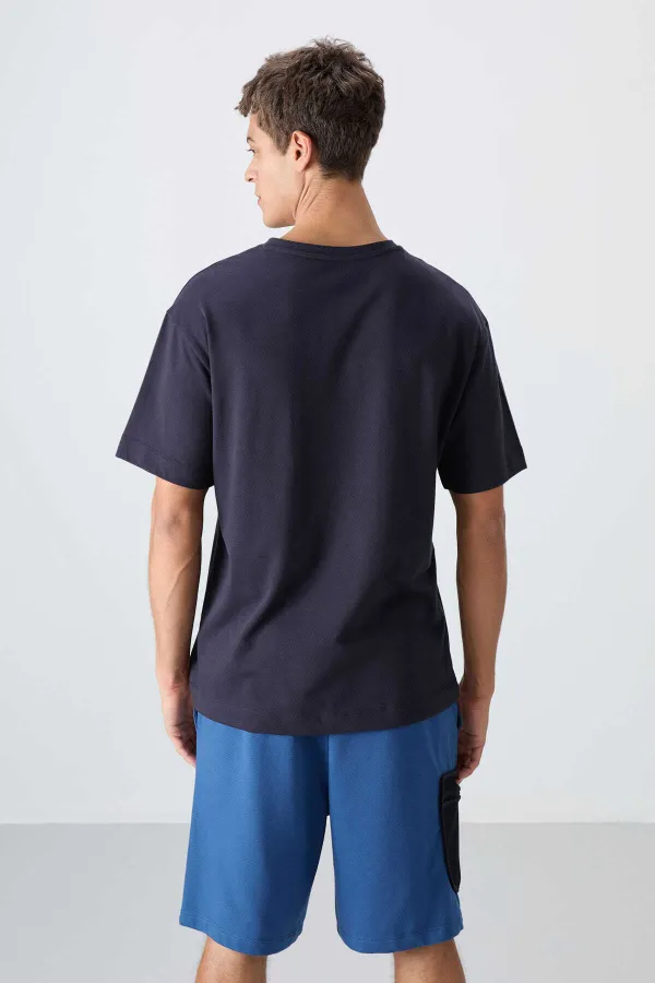 Tommylife Wholesale Crew Neck Oversize Printed Men's T-Shirt 88333 Navy Blue