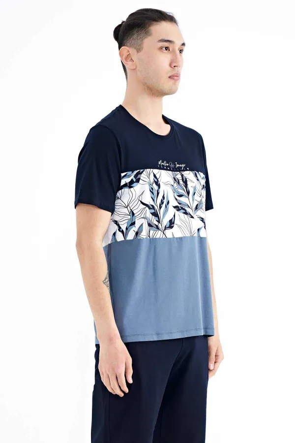 Tommylife Wholesale Navy Blue Gradient Print Detail Crew Neck Standard Fit Men's T-Shirt - 88177