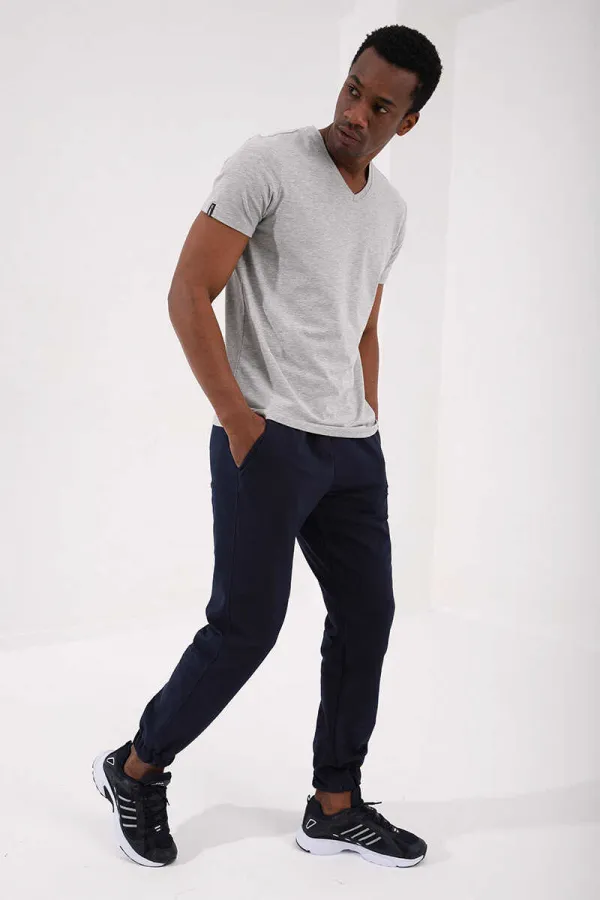 Tommylife Toptan V Yaka Standart Kalıp Basic Erkek T-Shirt 87912 Gri Melanj