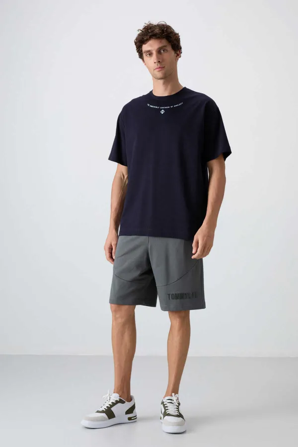 Tommylife Toptan O Yaka Oversize Baskılı Erkek T-Shirt 88343 Lacivert