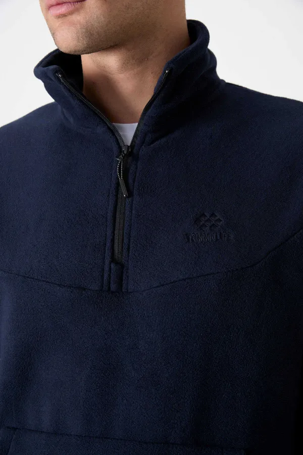 Tommylife Toptan Standart Kalıp Yarım Fermuar Polar Erkek Eşofman Takımı 85159 Lacivert