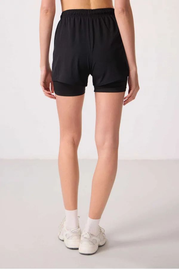 Short Tommylife en polyester, coupe standard, poche cachée, fermeture éclair, legging intégré - 91015 Noir