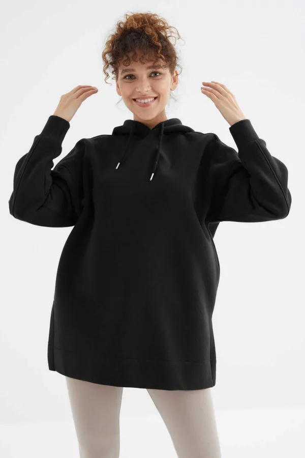 Tommylife Wholesale Black Raglan Sleeve Basic Hooded Oversize Tunic - 97242